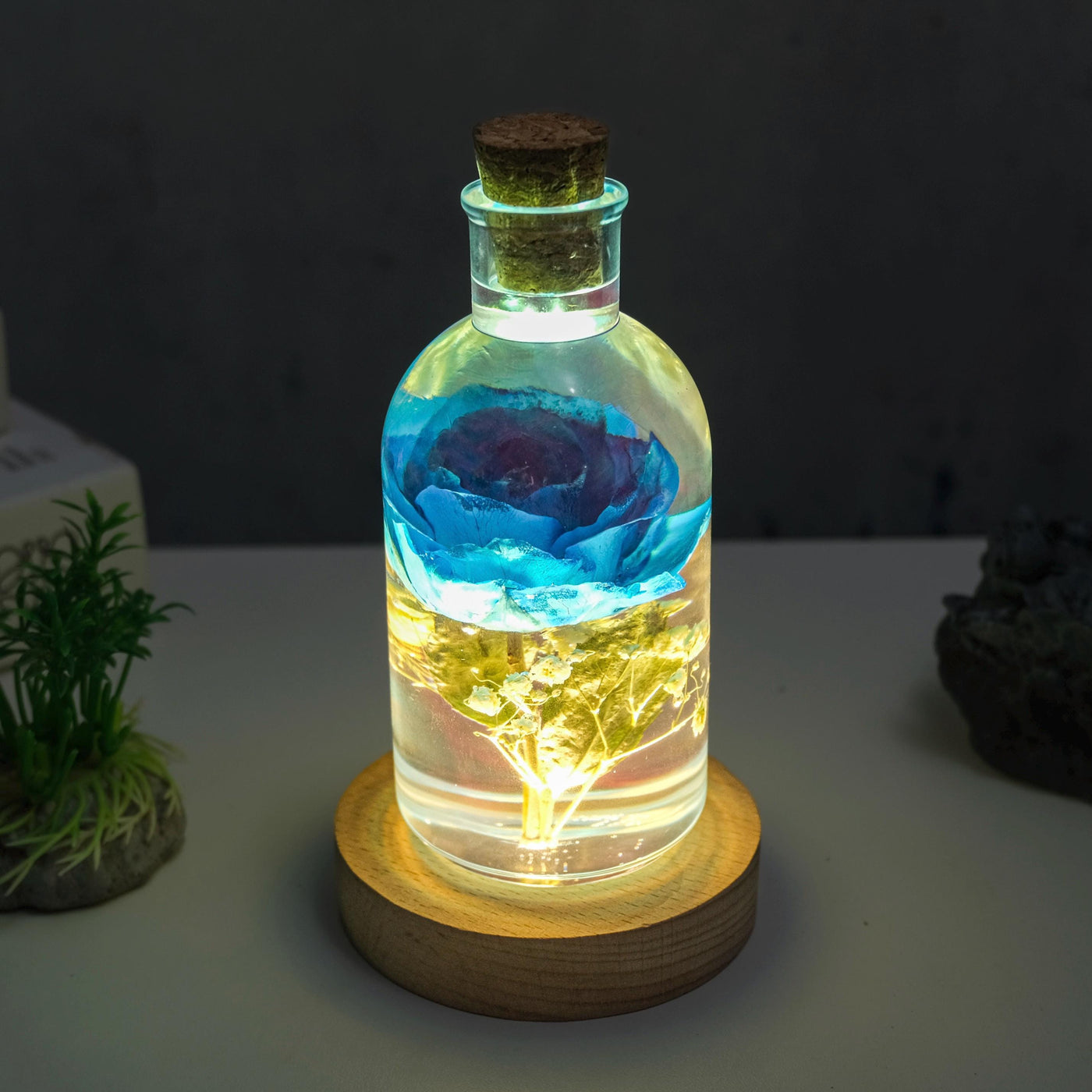 Blue Rose Resin Bottle Lamp