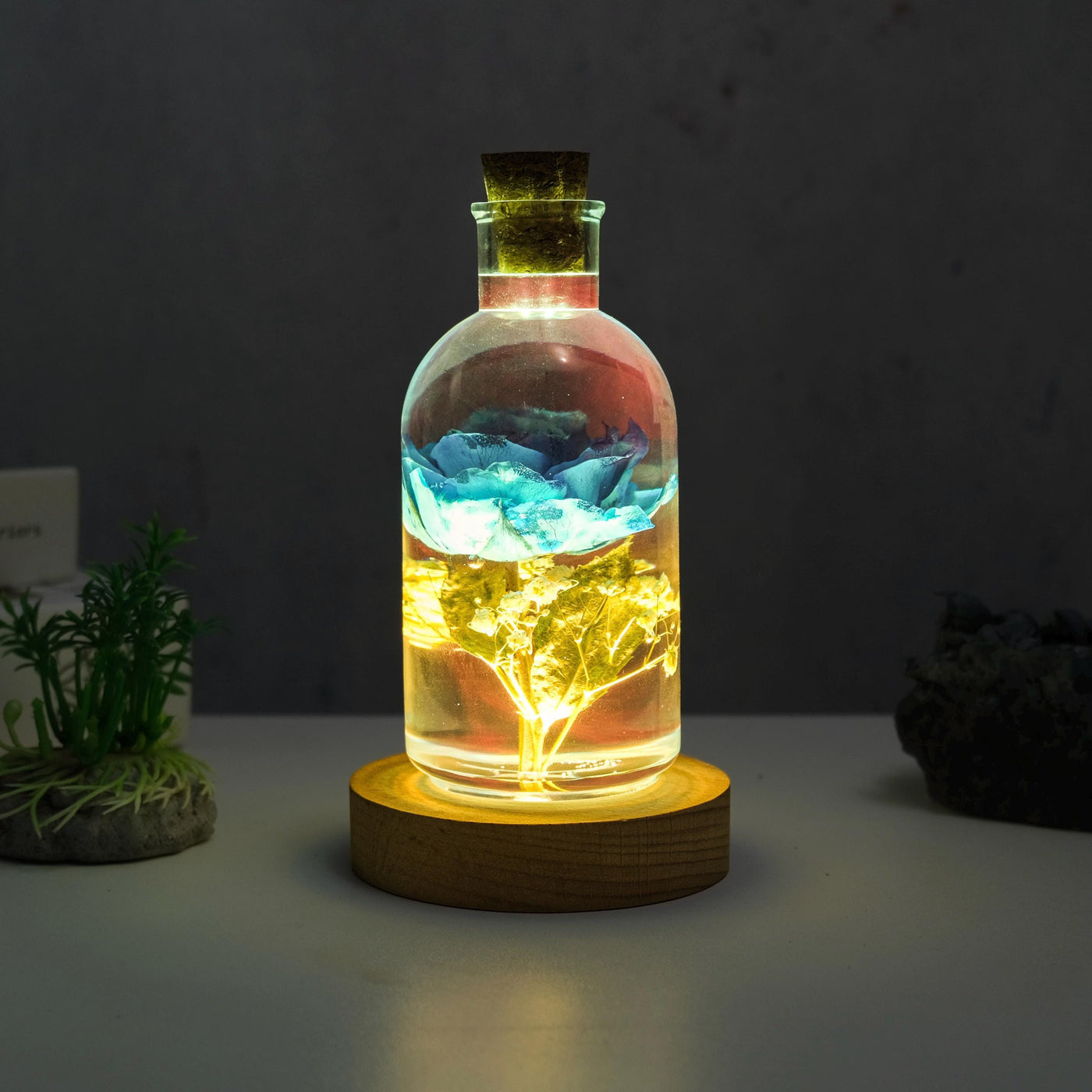 Blue Rose Resin Bottle Lamp