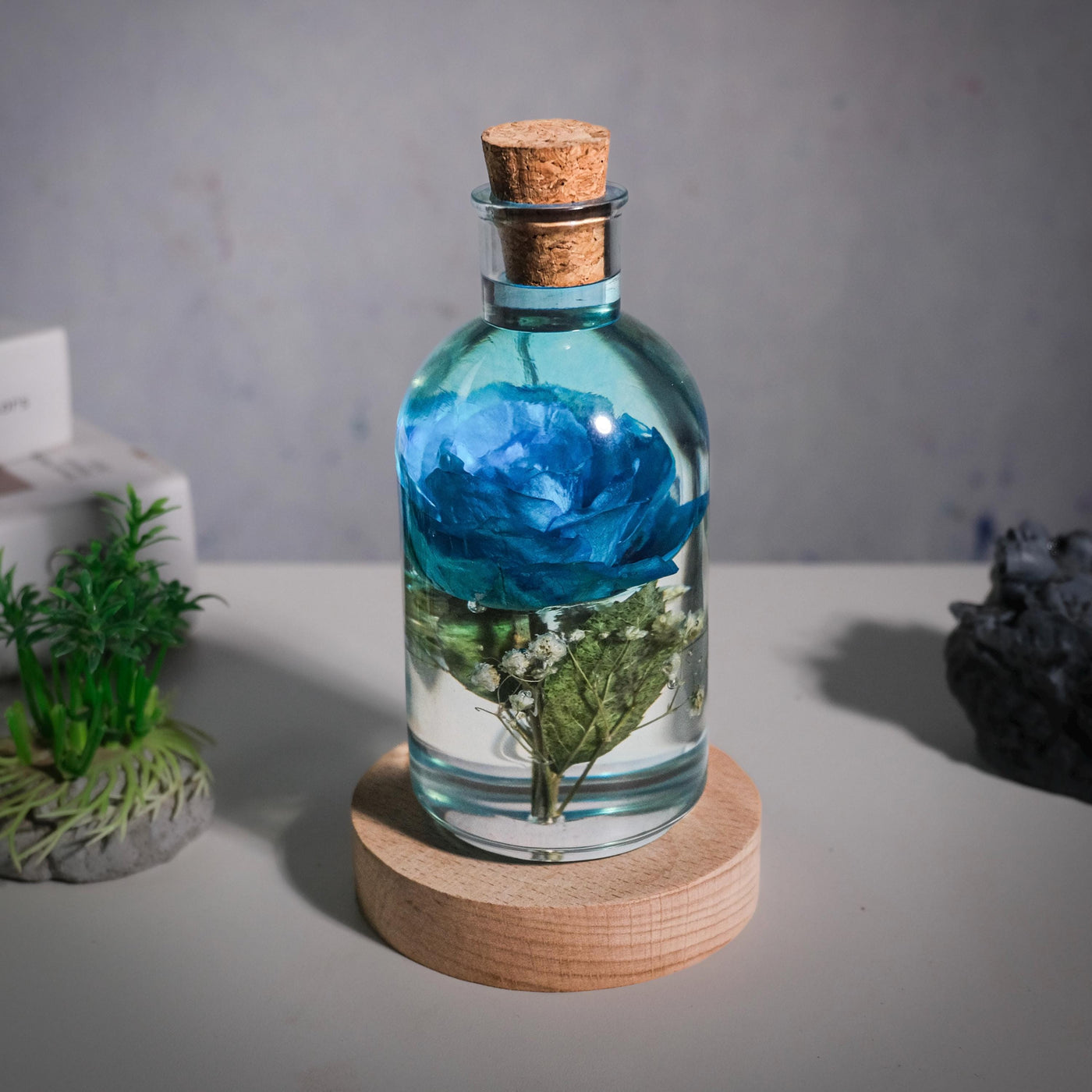 Blue Rose Resin Bottle Lamp